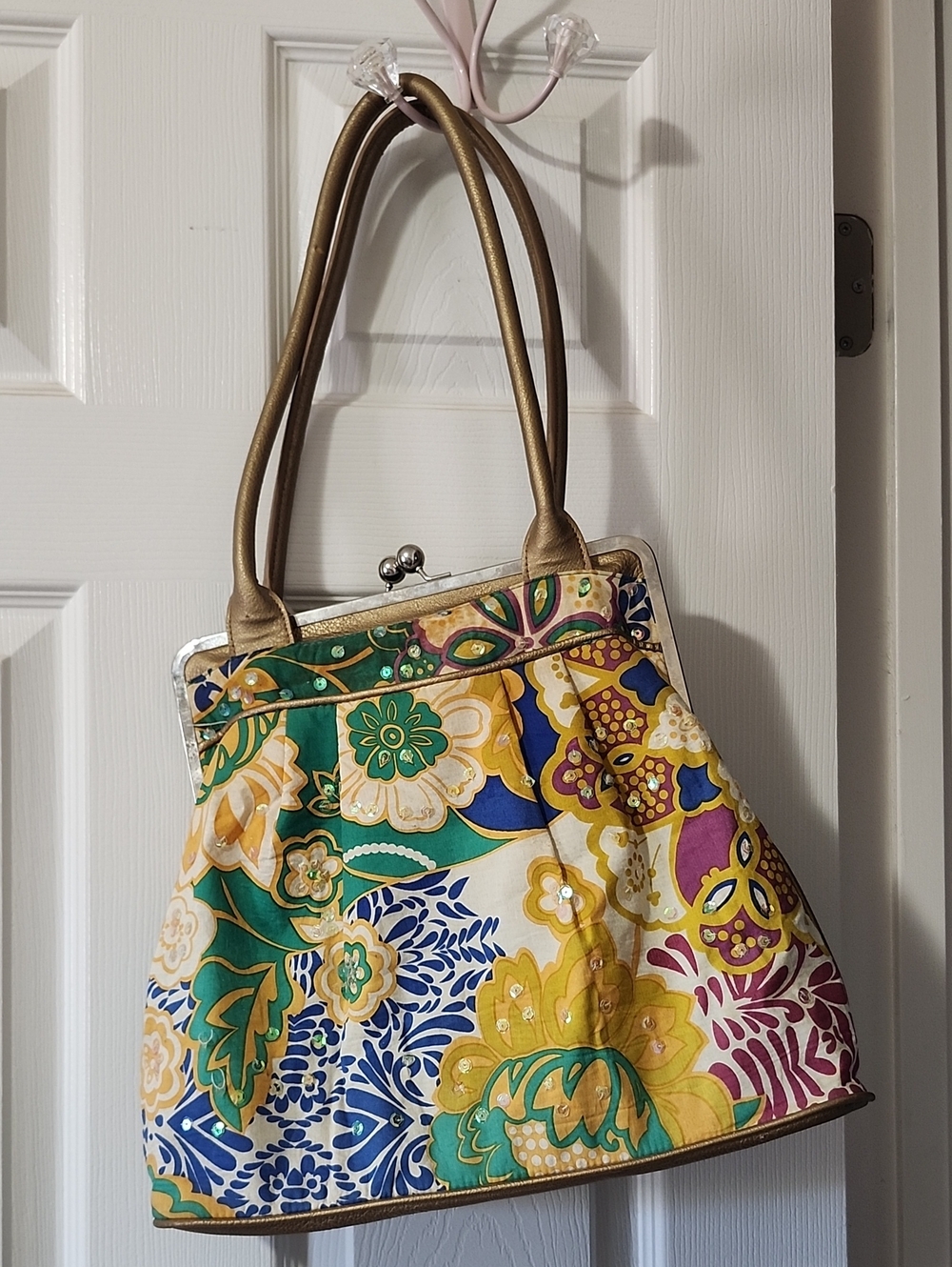 Floral Pattern Gold-Handled Tote Bag